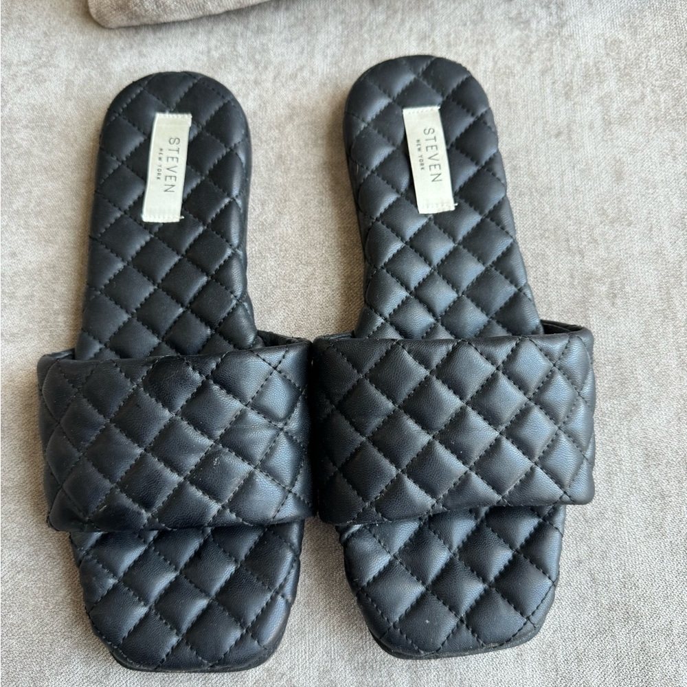 Steven NY Black Quilted Slide Sandals